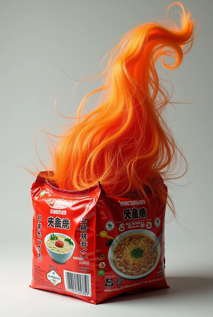 A closed package Maruchan soup that has hair on the outside using the same soup inside