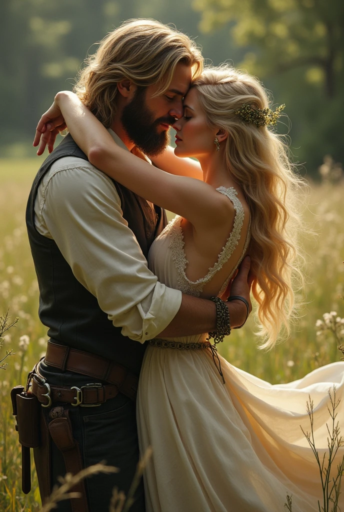 Arthur Morgan from the game red dead redemption, hugging a blond angelic woman romantically