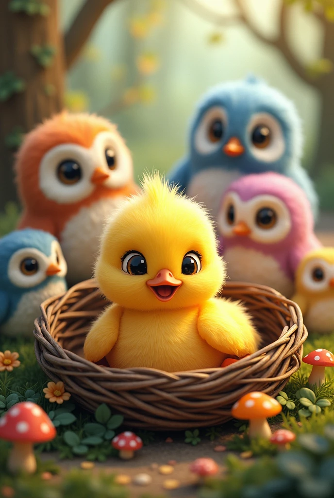 Animated colorful duckling in a nest with owls