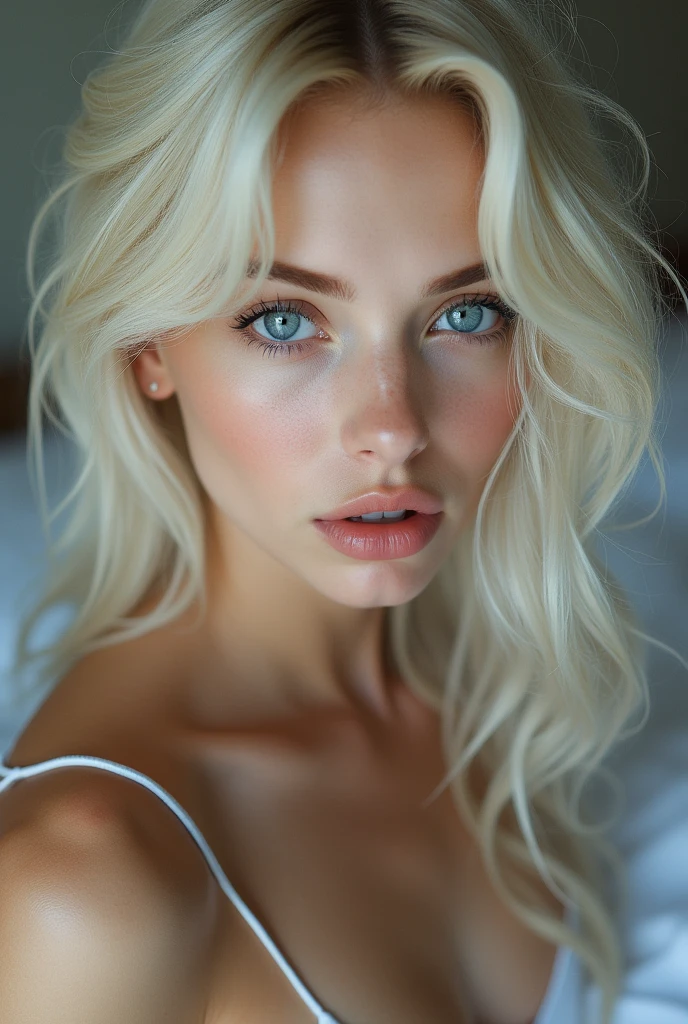 Create a white blonde with blue eyes, sensual and erotic in short or no clothes