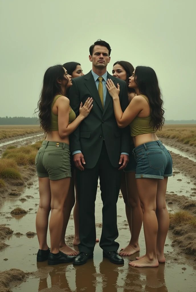 Man standing smoking in the slimy mud where couple of girls in two rows circularly holding in a position of falling his shoulder and him just in case they don't fall into the field