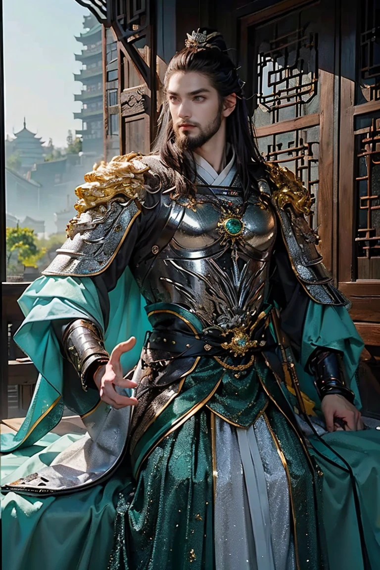 a man with short brown hair, light blue eyes, wearing Chinese gold and green armor over traditional clothing from the Tang dynasty, emerald and gold tones, bringing power and royalty to the image, he has a thin and imposing beard and has expressions of more advanced age, older man with beard (best quality, 4k, 8k, high resolution, art - prime: 1.2), ultra detailed, (realistic, photorealistic, photorealistic: 1.37), extremely detailed eyes and face, long eyelashes, armor details Intricate, traditional Chinese robes, flowing hair, emerald and silver color palette, powerful and serene expression, dramatic lighting, cinematic composition, award-winning digital art
