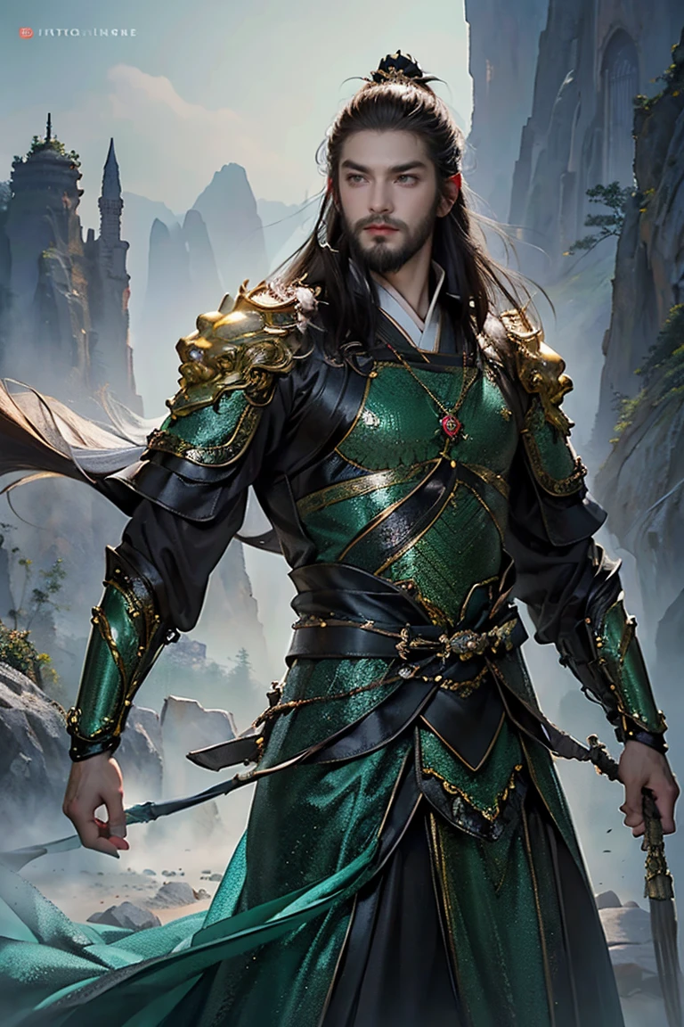 a man with short brown hair, light blue eyes, wearing Chinese gold and green armor over traditional clothing from the Tang dynasty, emerald and gold tones, bringing power and royalty to the image, he has a thin and imposing beard and has expressions of more advanced age, older man with beard (best quality, 4k, 8k, high resolution, art - prime: 1.2), ultra detailed, (realistic, photorealistic, photorealistic: 1.37), extremely detailed eyes and face, long eyelashes, armor details Intricate, traditional Chinese robes, flowing hair, emerald and silver color palette, powerful and serene expression, dramatic lighting, cinematic composition, award-winning digital art
