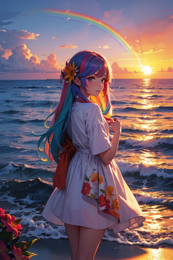 Girl with long rainbow hair, sea, sunset, flowers