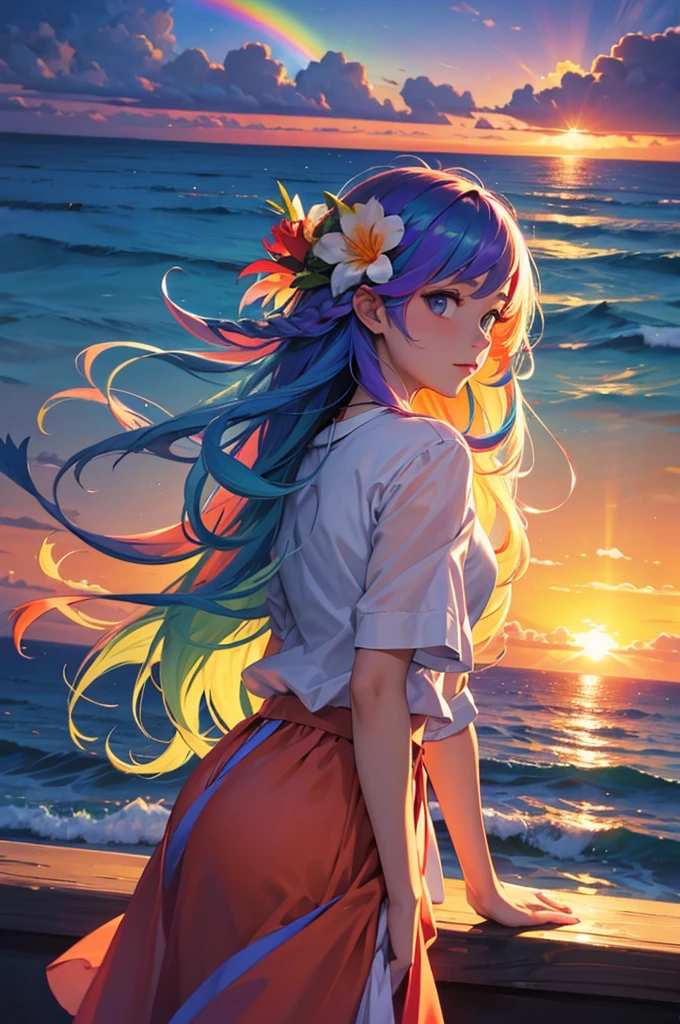 Girl with long rainbow hair, sea, sunset, flowers
