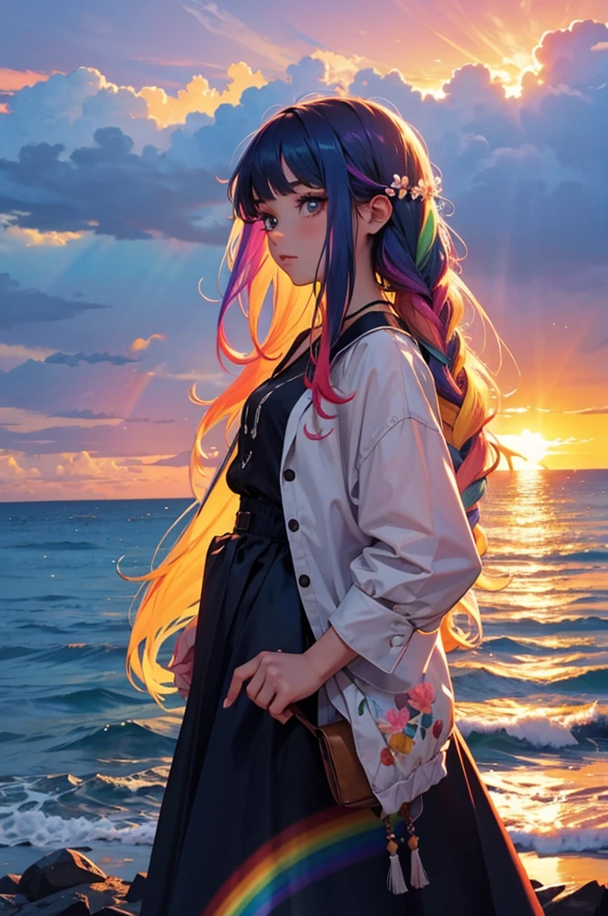 Girl with long rainbow hair, sea, sunset, flowers