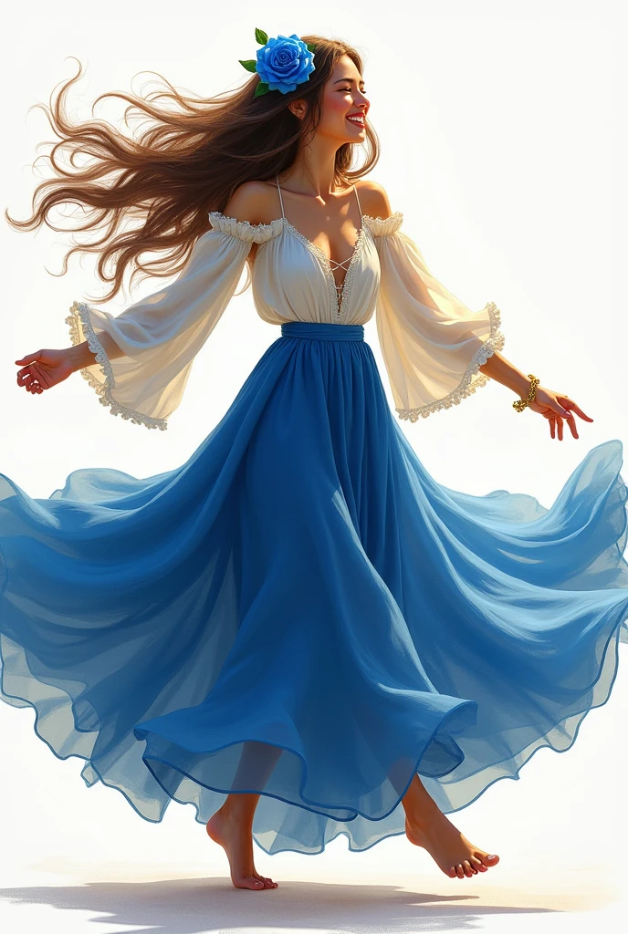 Make a woman happy with her arms open as if she were spinning, gypsy she wears a long royal blue skirt very round simple, . She wears a blue rose on her head the same color as her skirt.., blue and a white ruffled shirt, long-sleeved with sleeves that cover the wrists and wide sleeves she wears bare feet and a golden bracelet on her hand and a golden ring