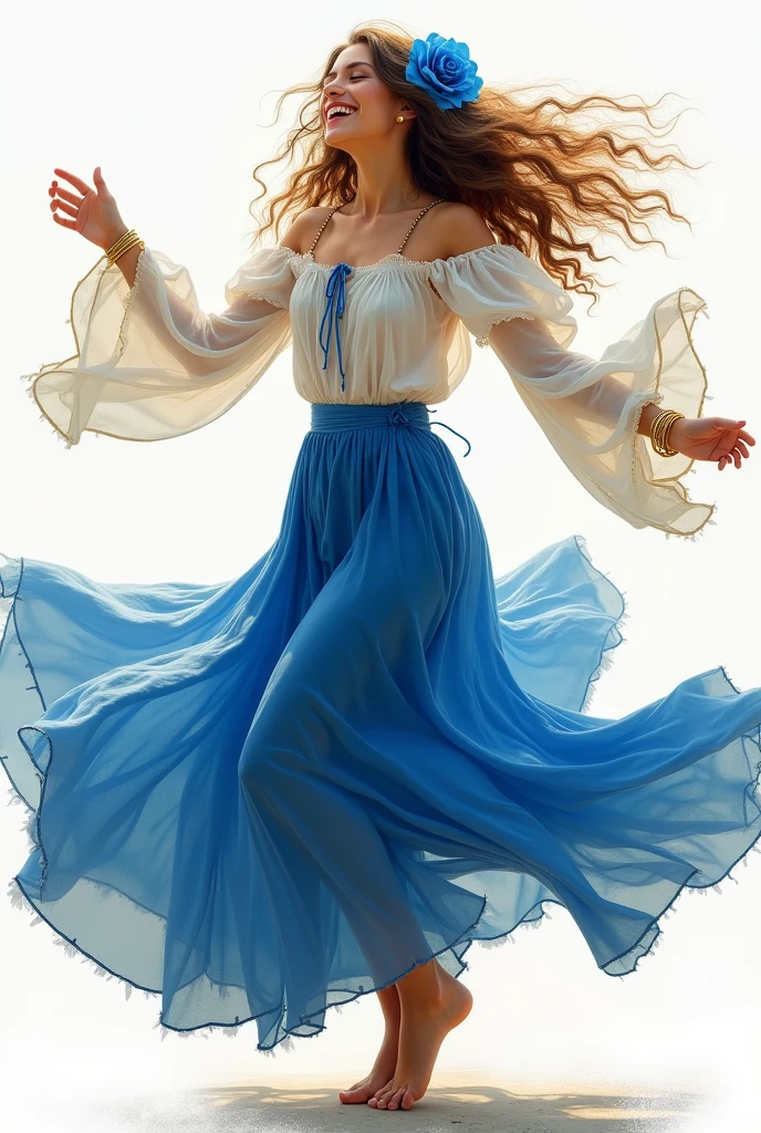Make a woman happy with her arms open as if she were spinning, gypsy she wears a long royal blue skirt very round simple, . She wears a blue rose on her head the same color as her skirt.., blue and a white ruffled shirt, long-sleeved with sleeves that cover the wrists and wide sleeves she wears bare feet and a golden bracelet on her hand and a golden ring