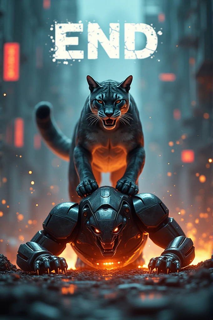 You can create the final image of a game where it says end which has as a background something related to a video game of a puma vs a robot