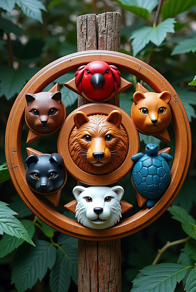 A wooden circle with the symbol of a Scarlet Macaw, the symbol of a brown bear, the symbol of a Raccoon, the symbol of a black dog, the symbol of a sea turtle, the symbol of a Jaguar and the symbol of a white dog in each space