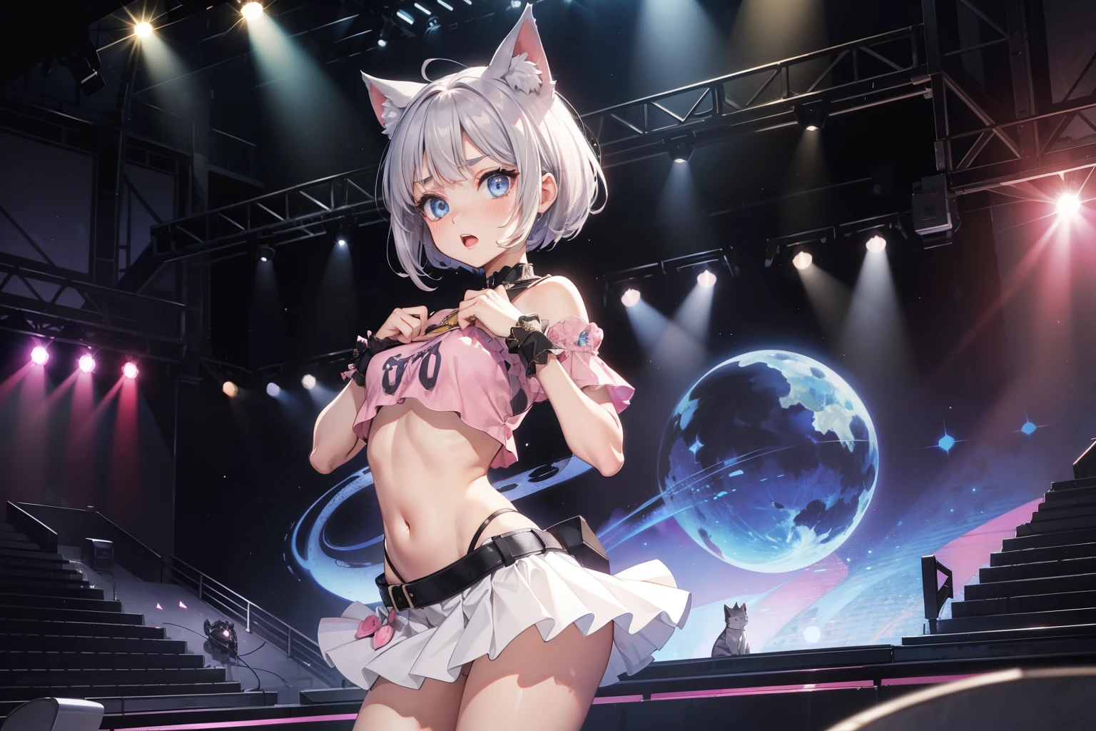 (masterpiece, best quality, High quality) BREAK (perfect anatomy), (expressive eyes, perfect face), 1girl, grey cat ears:1.6, medium hair, grey hair:1.6, pixie cut, big eyes, perfect eyes, blue eyes, thick eyelashes, thin eyebrow, short height, slim bulid, singing, open mouth, blush, medium breasts BREAK cropped idol pink shirt, low-rise idol pink mini skirt, dancing, concert stage BREAK ((night time, night)), (full body), panorama of stage, looking at viewer 