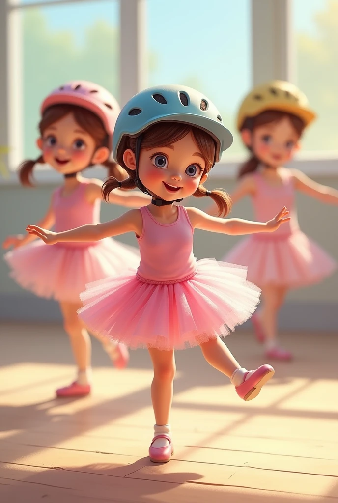 A aged two years old learning ballet wearing a bike helmet, tutu and ballet slippers and have other girls the same age as her wearing the same outfits as her snd have the girls wearing bike helmets and have the girls moving and dancing and have one girl with her leg in the air spinning around and have the girls in ballet studio with wooden flooring