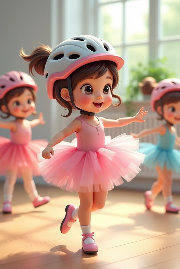 A aged learning ballet wearing a bike helmet, tutu and ballet slippers and have other girls the same age as her wearing the same outfits as her snd have the girls wearing bike helmets and have the girls moving and dancing and have one girl with her leg in the air spinning around and have the girls in ballet studio with wooden flooring