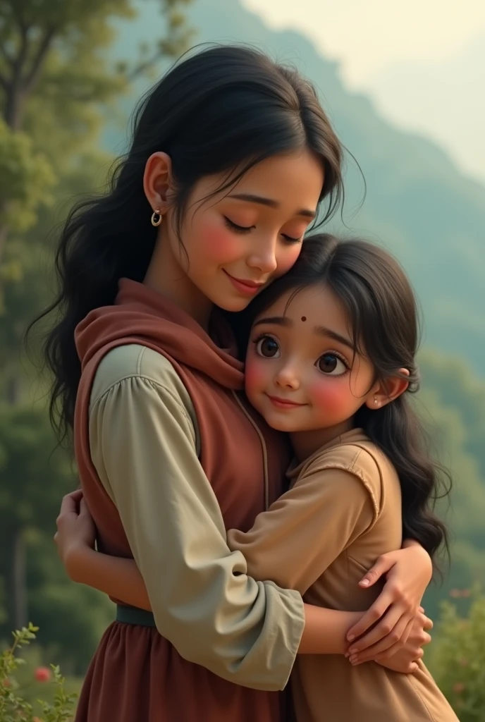  touching scene of a mother and her daughter, a Nepali woman, sharing a warm hug or engaged in a supportive conversation, symbolizing their close bond