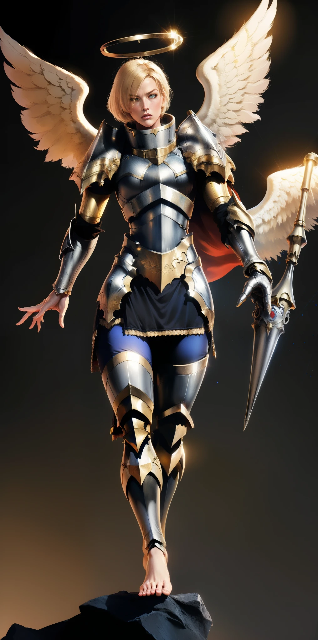 (black background) low angle, from below, paladin templar lady in white tabard, legwear, glowing yellow eyes, collar, golden chainmail, wide hips, barefoot, angel wings, pauldrons, halo, bob cut, blonde, eye focus, red cape, detailed, cinematic, fantasy