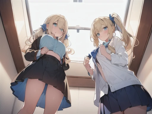 Fisheye Lens,(looking up:1.3),(looking away:1.5),twins,(Two Girls),((standing on the right,Blonde twin tails)),(((Stand on the left,Blonde ponytail))),(Very curled hair,Blue ribbon,Bright blue eyes,freckles),(mega breasts),high school girl,BREAK,((Changing clothes))