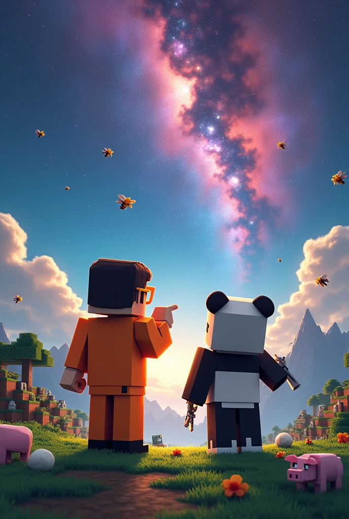 I want you to create an image of two Minecraft characters as I would like to put it as a thumbnail for my Nebula series, is a character who is brown, with yellow glasses and an orange formal suit, and the other character is a panda with a white shirt like gray and black pants and gray sneakers, I would like them to be like a kind of mountain or a place where they are looking at the sky where instead of the sky it is a nebula, and around a little in the distance put creepers and zombies and where we are there are pigs, flores, villager, obejas, bees I would like the character with the orange formal suit to be with a pickaxe pointing down and the panda with the characteristics that I told you with a sword pointing up as if to mean that we are going to fight, the camera that is pointing to the backs of the two characters since they will be looking at the sky where it is not sky but a nebula 