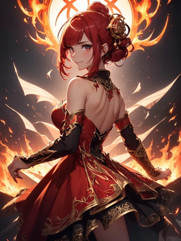(((best quality, sharp image, clear image, cinematic lighting, 8k resolution, masterpiece, ultra detailed, intricate))) Girl, sorcerer, cute, intricate dress, smiling, fiery red, ((intricate background)), (rune frame), dimension, ((shot from behind)), fire sigils, chaotic background.