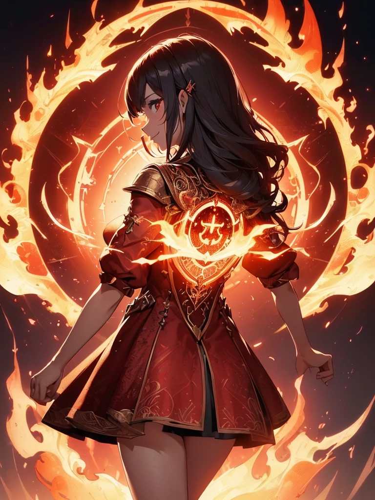 (((best quality, sharp image, clear image, cinematic lighting, 8k resolution, masterpiece, ultra detailed, intricate))) Girl, sorcerer, cute, intricate dress, smiling, fiery red, ((intricate background)), (rune frame), dimension, ((shot from behind)), fire sigils, chaotic background.