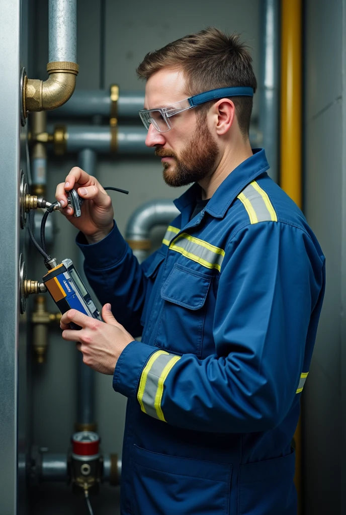 An image of a refrigeration technician measuring gases from a piece of equipment