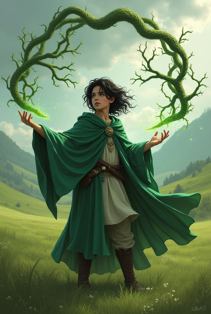 A dark-haired teenager in a cape and green clothes, in a field, using magic to create large roots