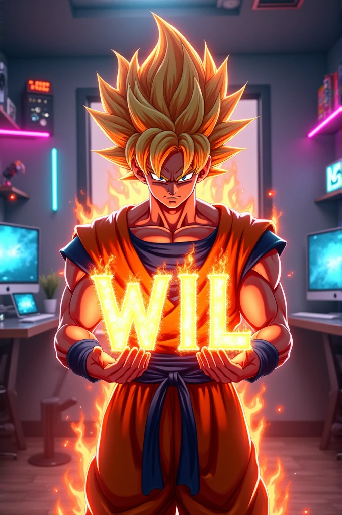 The name Wil in flames with the Super Saiyan God Goku holding it inside a gamer room 