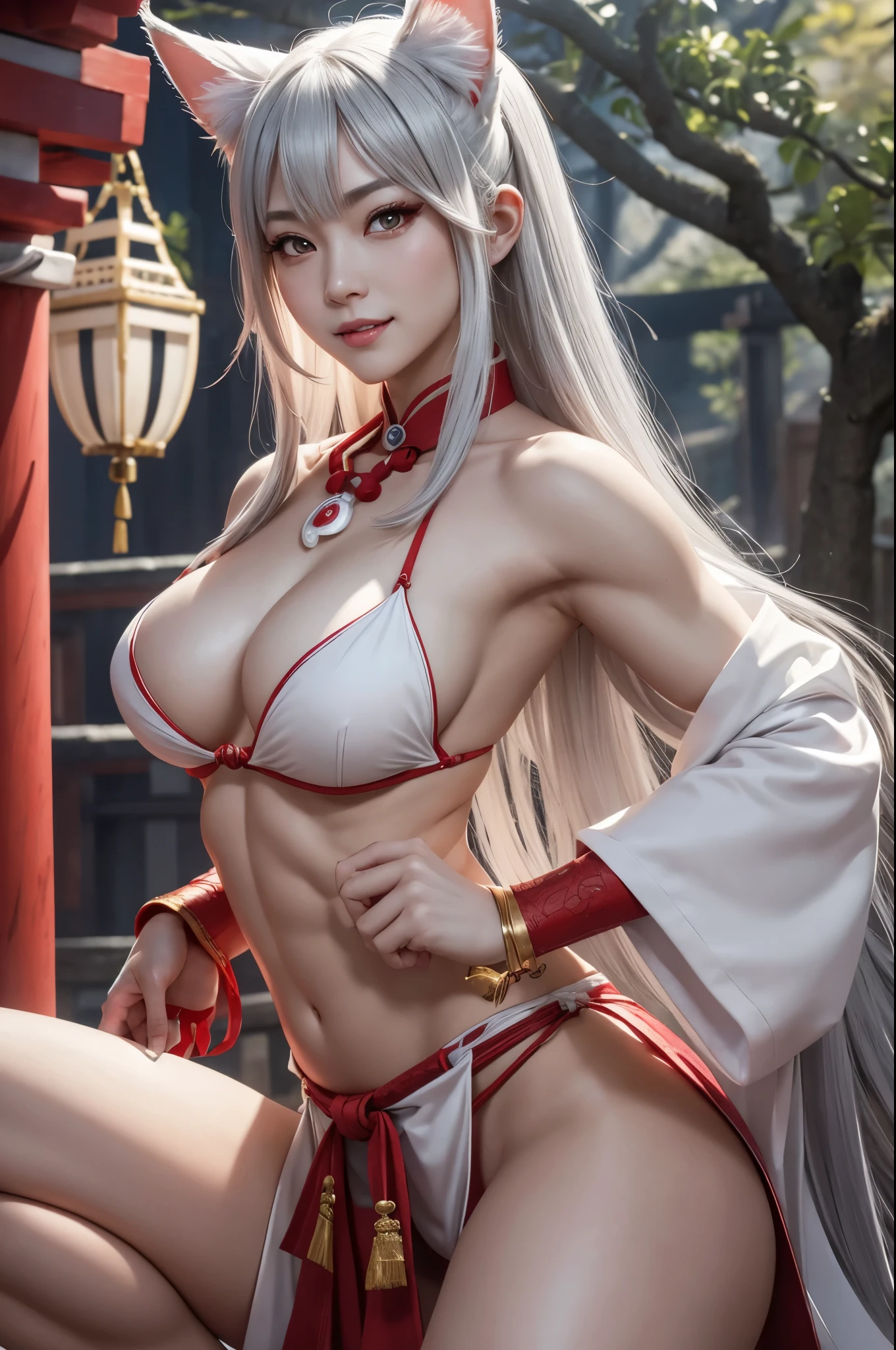8k,超Muscular Beauty,A fiercely fighting adult dog goddess、Fearless female dog god、White dog ears,Beautiful long white hair、incarnation of dog god、Brave、Beautiful smile、日本のRed and white priestess costume,輝くGolden Eyes、Detailed light、Dynamic action poses、Personified Queen Inugami、Beautiful long white hair、Super Beauty、Rich background、Golden Eyes、Big smile,Golden Eyes,Beautiful expression,sharp and long claws、White tail、sexy、Red sacred magatama collar、(golden precision decoration)Attractive body、Slim female muscular body、Captivate your audience、Large fangs protruding from the mouth、Vermilion painted shrine,Red and white priestess costume,Wide open chest,Beautiful white skin,Japanese Shrines,Japanese Shrine Maiden,White dog ears,Photorealistic RAW photos of the highest quality。Backlight、Cinema Lighting、Film Grain、50mm lens、Nikon D850、Ultra-Realistic Skin、Fantasy art、Character Art、Ultra-high resolution、Muscular and slim body、Ultra-Realistic Skin,Perfect hands(Anatomical Modeling),compensate,Very large breasts,Muscular Beauty,Hard and strong abdominal muscles,Karate stance,Bodybuilding,red shrine maiden'Hakama,