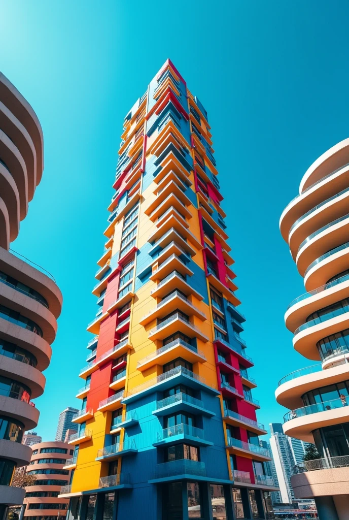 there is a tall building in the background with a blue sky, red - yellow - blue building, architectural shot, the neat and dense buildings, architecture photo, rounded architecture, architecture photography, low angle dimetric composition, city streetscape, layers of architecture, buildings, red building, perspective from below, tall buildings on the sides, urban architecture, arhitectural shot Indifferent uprisen angle