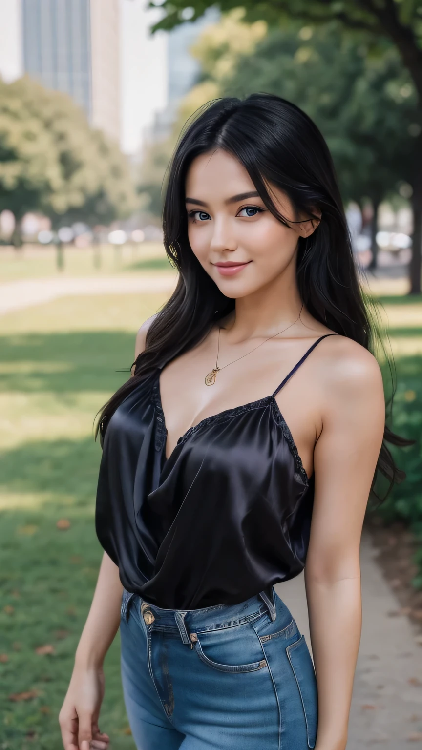 Realistic full body photo of a smiling, beautiful black-haired woman with long hair, She dances in front of the camera in a spaghetti strap blouse made of purple satin and tight, elegant jeans ...., fine fabrics, Park,glamour fotoshooting, Park, perfect anatomy, perfect brown eyes. Perfect hands with 5 fingers on each hand, Suitable woman, looking at the camera, 1 Frau. (Eye make up:1.1), (highly detailed skin:1.1), spirit, analog style, keen focus, 8K UHD, dslr, good quality, Fujifilm XT3, Grain, Award-winning, masterpiece. Park
