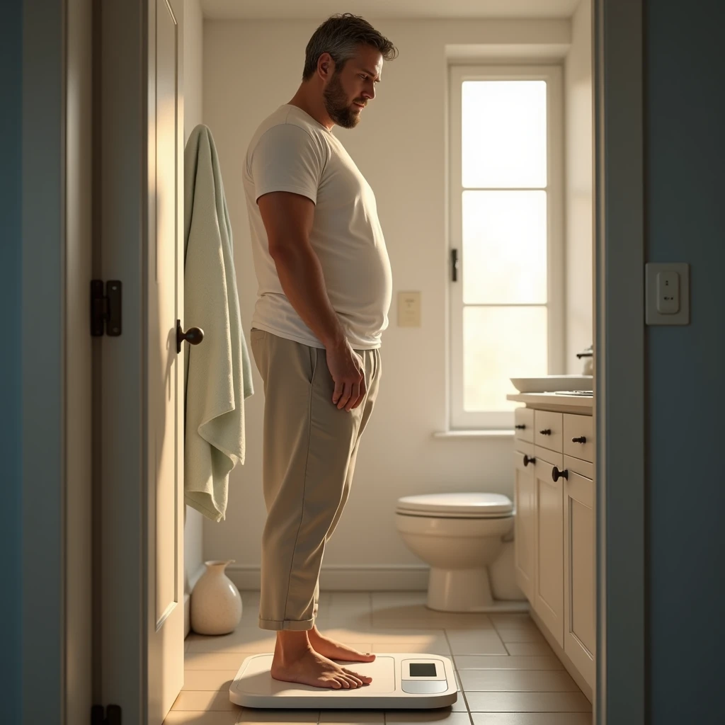 image of a man in normal home clothes weighing himself on a scale, illuminated environment, ultra realisitic