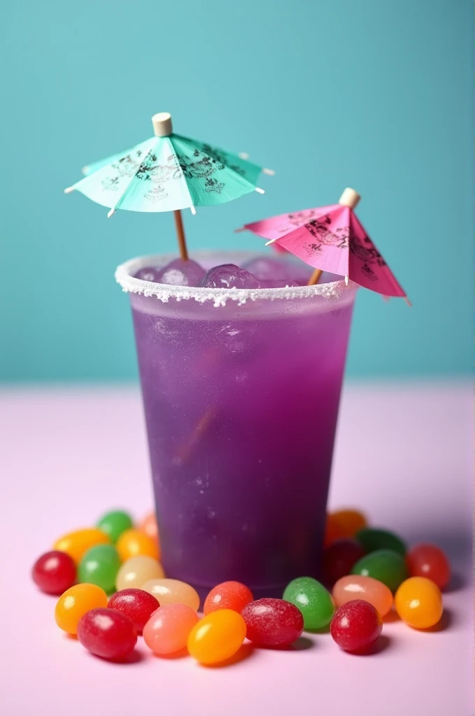 Blueberry cocktail with a mini umbrella in a paper cup and jelly beans
