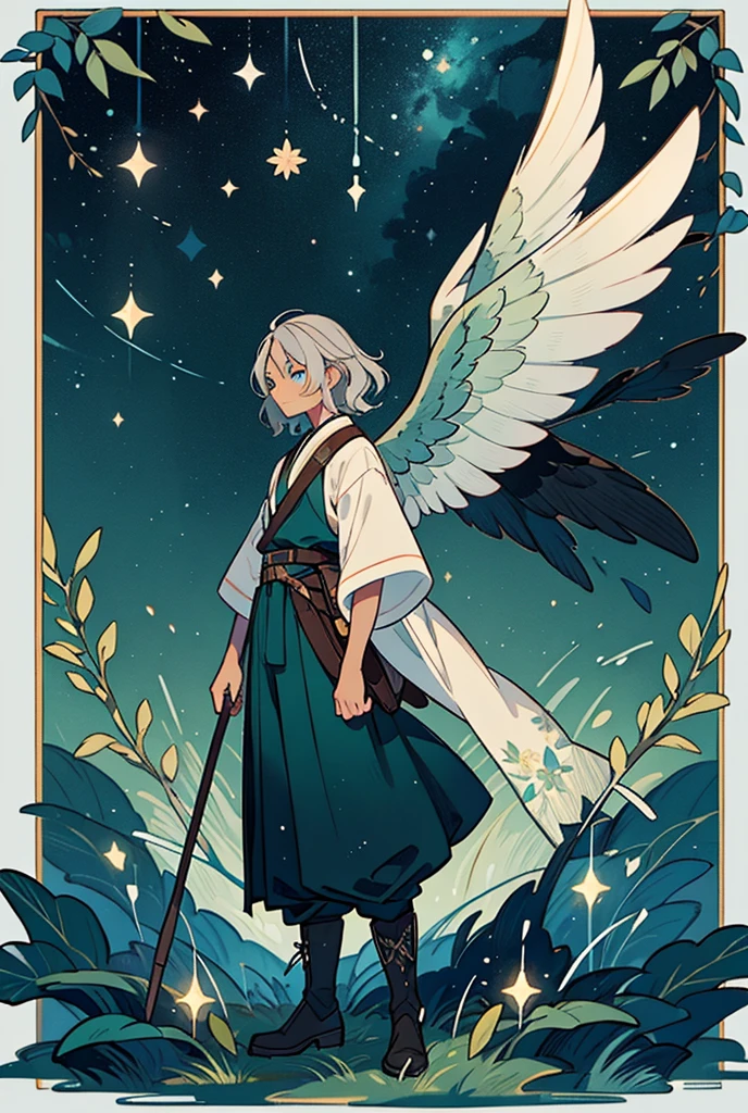 Solo man with black skin, silver hair, short wavy hair. Bright sky blue eyes. Green branches with elongated leaves. Hakama pants, Black boots, belt at the waist with bag. a large pair of wings. Dark blue with green sparkles reminiscent of a starry night sky Mystical atmosphere, delicate brushwork, magical scenery, Peaceful and serene. detailed clothing. nature background.