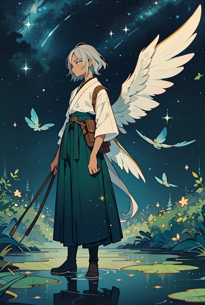 Solo man with black skin, silver hair, short wavy hair. Bright sky blue eyes. Green branches with elongated leaves. Hakama pants, Black boots, belt at the waist with bag. a large pair of wings. Dark blue with green sparkles reminiscent of a starry night sky Mystical atmosphere, delicate brushwork, magical scenery, Peaceful and serene. detailed clothing. nature background.