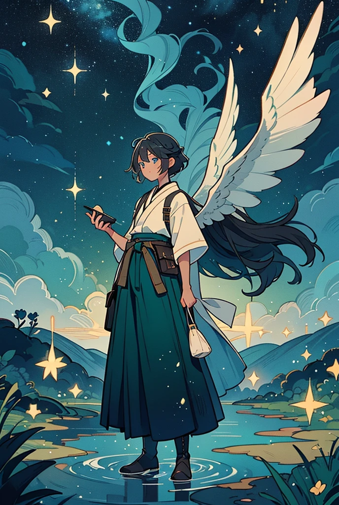 Solo man with black skin, silver hair, short wavy hair. Bright sky blue eyes. Green branches with elongated leaves. Hakama pants, Black boots, belt at the waist with bag. a large pair of wings. Dark blue with green sparkles reminiscent of a starry night sky Mystical atmosphere, delicate brushwork, magical scenery, Peaceful and serene. detailed clothing. nature background.