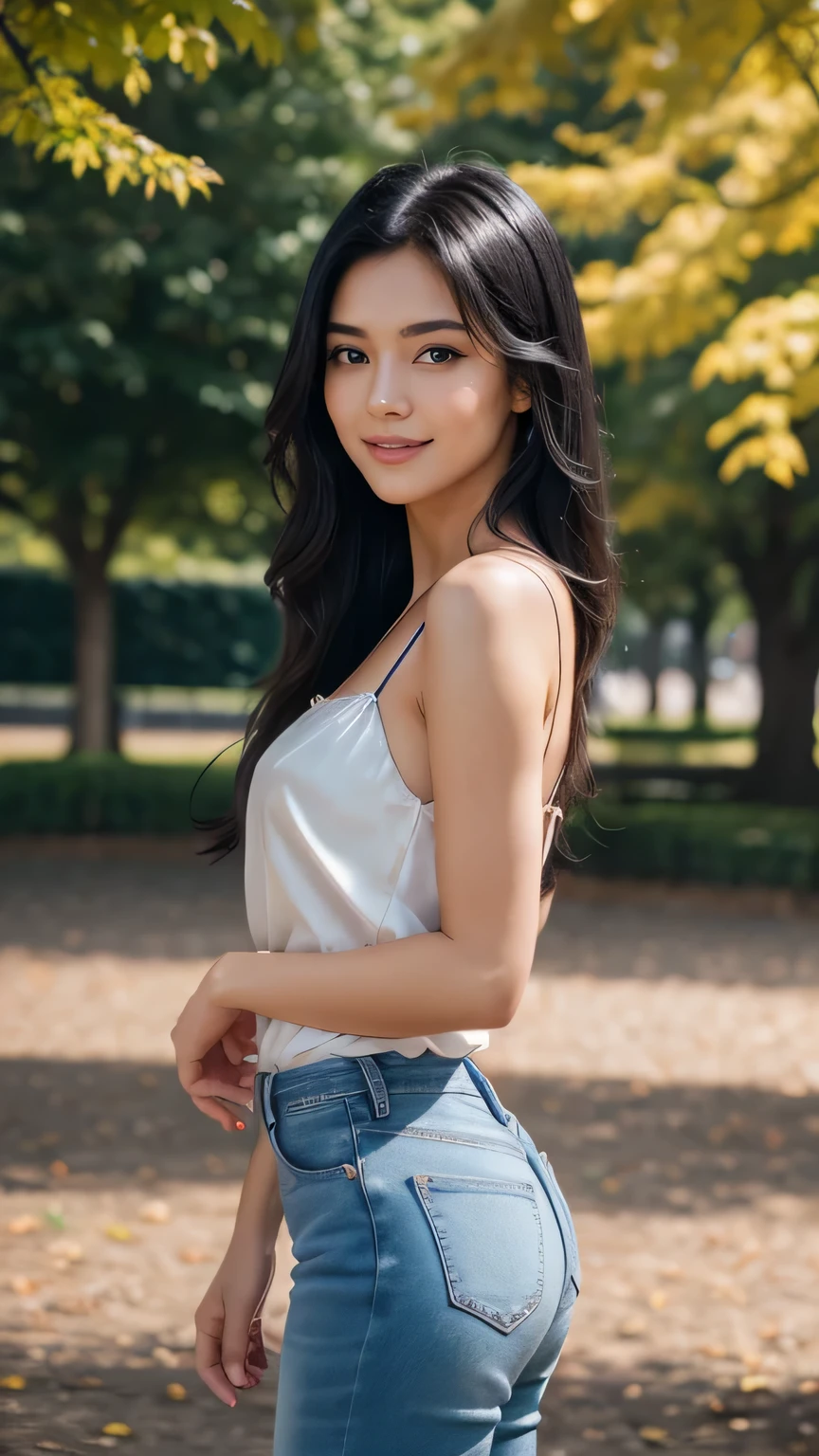 Realistic full body photo of a smiling, beautiful black-haired woman with long hair, She dances in front of the camera in a spaghetti strap blouse made of purple satin and tight, elegant jeans ...., fine fabrics, Park,glamour fotoshooting, Park, perfect anatomy, perfect brown eyes. Perfect hands with 5 fingers on each hand, Suitable woman, looking at the camera, 1 Frau. (Eye make up:1.1), (highly detailed skin:1.1), spirit, analog style, keen focus, 8K  UHD, dslr, good quality, Fujifilm XT3, Grain, Award-winning, ​masterpiece. Park