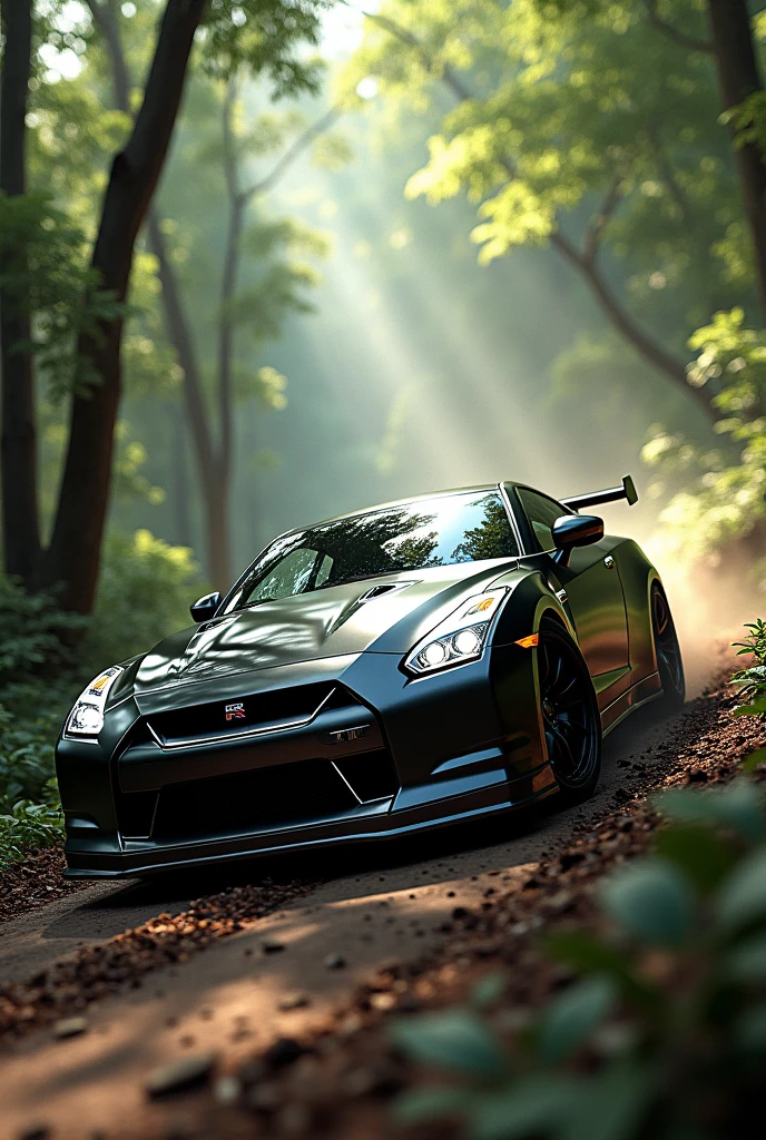 A Nissan GTR r35 angry mode
light driving in forest