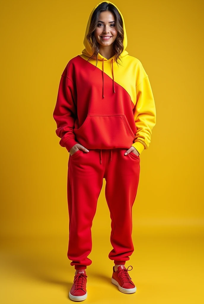 A piece of clothing: red yellow round neck hoodie sweatshirt, wearing track pants, 38D cup breast, athletic body, very attractive face, cute smile, full length photo 