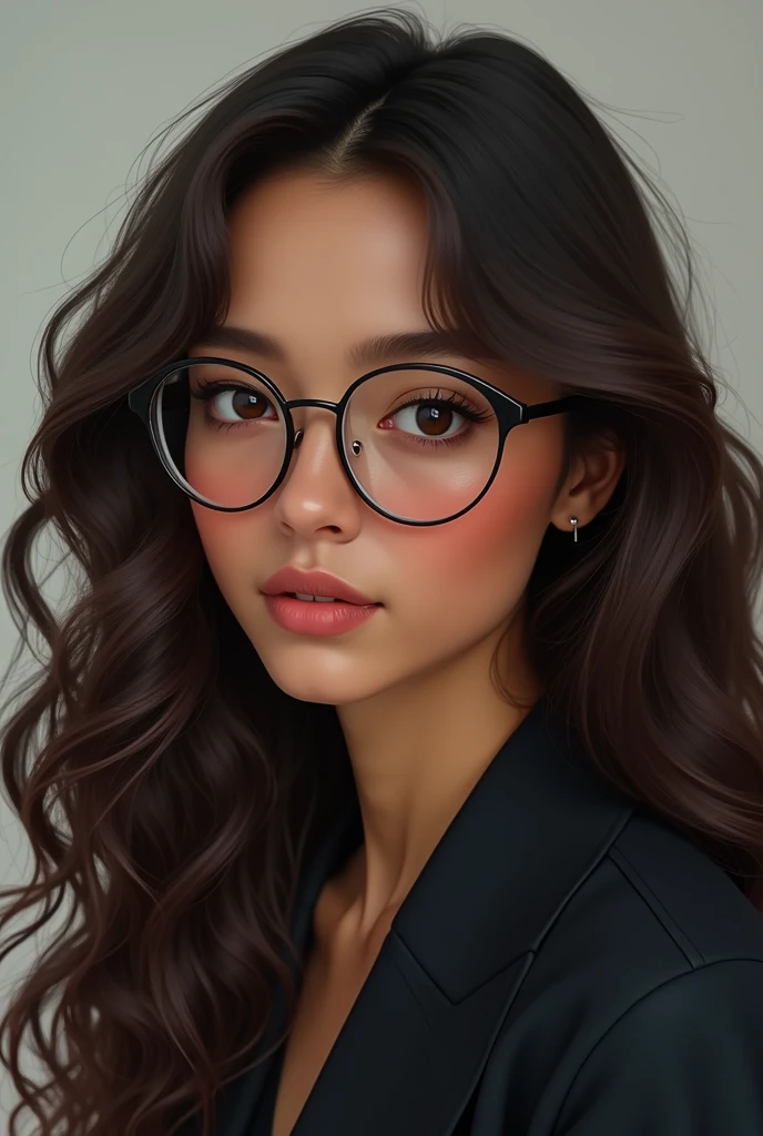 Draw a picture of a person with hair down to their breasts, com curvatura 3A 3B, sun tanned white skin, eyes browns, slightly thick eyebrow, half round eyes, small mouth with larger lower lips, medium nose, in dark academic outfit mbti Infj style with thin round glasses, not nerdy. Darker eyes, most realistic, slightly curly hair. Caucasian skin