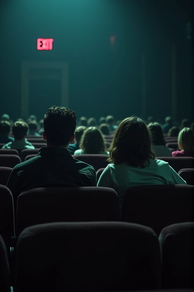 Roger Deakins style - several people sitting in cinema seats