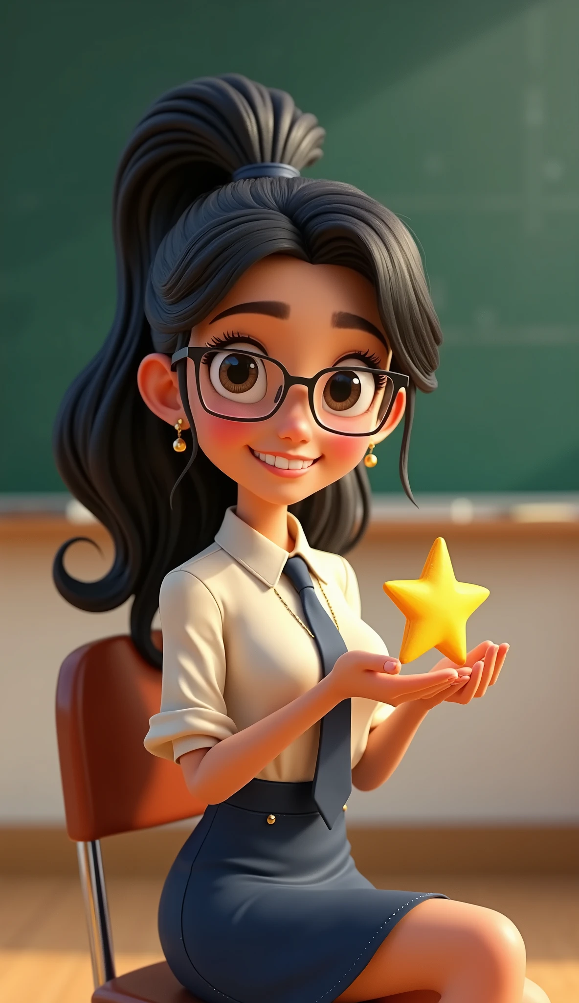 3d CG animated Full body side view of a brave,happy,calm,decent and responsible girl with long wavy black hair with high pony,light brown skin,big eyes,small nose, small lips with smile ,little thin jaw line,sharp chin wearing ivory half sleeve shirt ,dark blue neck tie and dark blue half skirt , small ear studs giving beautifully painted star painting to the woman wearing salwar,small rectangle spectacle without frame, long gold chain and small gold earrings,black wavy hair tied, black eyes, dark brown skin tone, slightly slanted round face, sitting in the chair,bright light, classroom blackboard background,Pixar,9:16 ratio