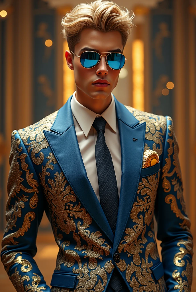 Create a young 1 American man and he is billionaire and the king in the world. The boy clothes about 500 billion dollars sut .sut make it gold and blue diamond about 5 billion dollar
In realistic . man hair is look like Justin Bieber . Man hand about 200 million dollars watch and wearing blue color sunglass in 500 million dollars