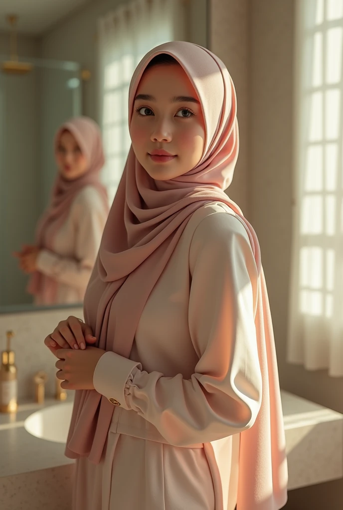 a 20-year-old Asian woman with an Indonesian face, standing in front of a mirror in a bathroom, wearing a hijab, full body shot, dynamic pose, stylish, photorealistic, (best quality,4k,8k,highres,masterpiece:1.2),ultra-detailed,(realistic,photorealistic,photo-realistic:1.37),HDR,UHD,studio lighting,ultra-fine painting,sharp focus,physically-based rendering,extreme detail description,professional,vivid colors,bokeh,instagram photo,net art