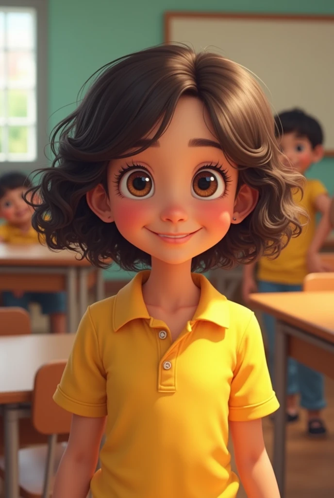 girl in preschool, short hair reaching down to the ears, with curls, brown eye color coffee, long eyelashes, Venezuelan, clear skin, at his school, yellow shirt uniform, He is smiling inside his school. Beautiful and chubby