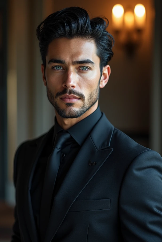 Handsome tall young man with white skin, black hair with bun, blue eyes, muscular body, sensual, sexy businessman 