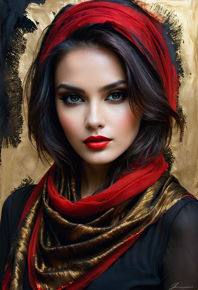 Stunning portrait of a beautiful girl, sultry, Red scarf, dark gold and black, Chiffon fabrics, jagged edges, Eye-catching details, incredibly intricate, vibrant light and shadow , beauty, paintings on panel, textured background, captivating, stencil art, oil painting style, modern ink, watercolor , Brushstrokes, negative white space