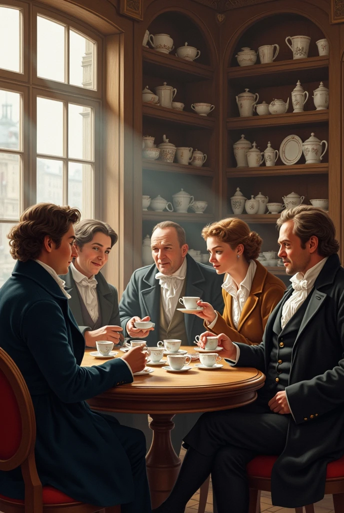 Townspeople drinking coffee in a German coffee house in 1800