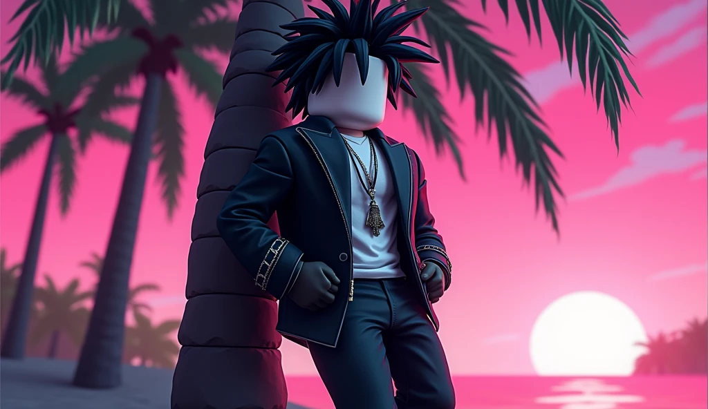 Handsome tall square Roblox male doll, with long black rocker hair, emo clothes and no lips, white skin, no mouth, and beautiful body, Dominant and funny pose, leaning on a palm tree, cartoon, Vice City GTA, stone mountain background on the beach with pink sky
