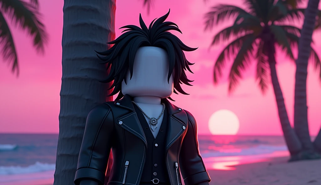 Handsome tall square Roblox male doll, with long black rocker hair, emo clothes and no lips, white skin, no mouth, and beautiful body, Dominant and funny pose, leaning on a palm tree, cartoon, Vice City GTA, stone mountain background on the beach with pink sky