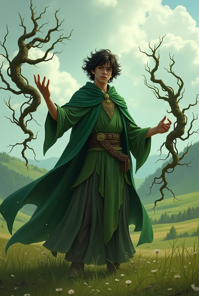 A dark-haired teenager in a cape and green clothes, in a field, using magic to create large roots