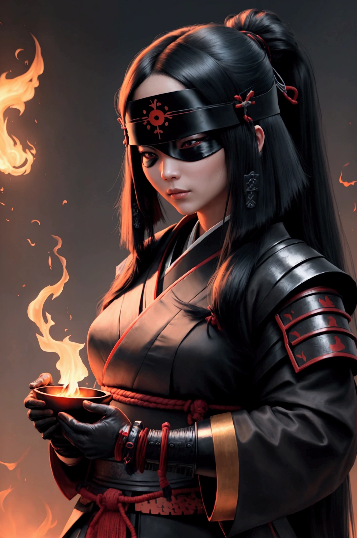female samurai with long black hair blindfolded and black flame in hand